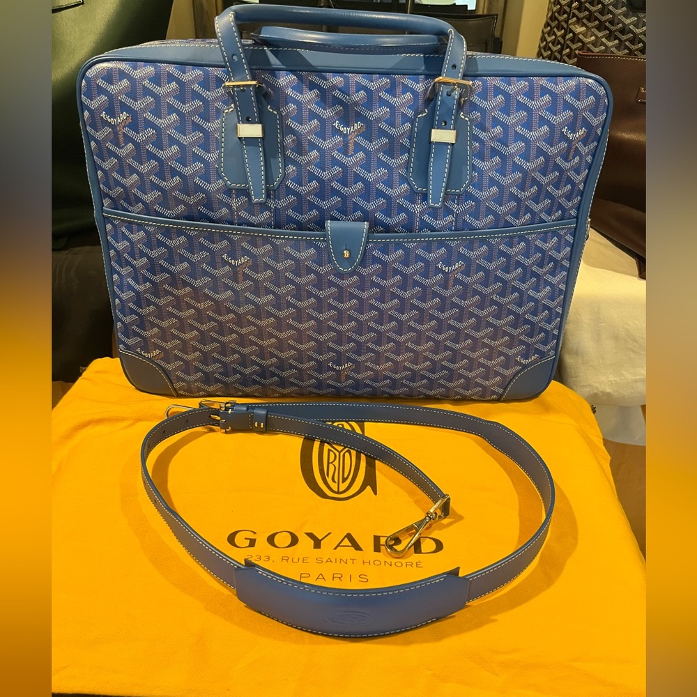 Goyard Ambassade MM Briefcase Sky Blue with leather shoulder strap